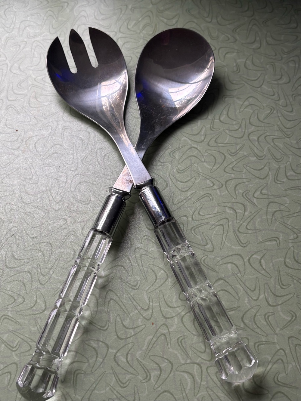 Vintage Crystal Handled Salad Server Set Stainless Steel Fork Spoon Hostess